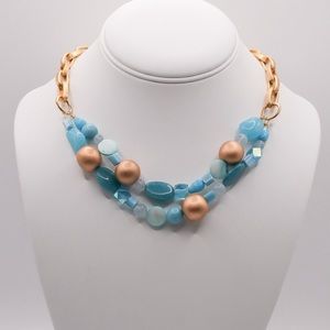 Blue and Gold Mixed Stones and Beads - Gold Tone Chain- Choker Necklace